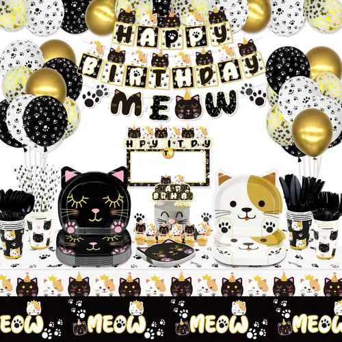 222 decoraciones para fiesta de cumpleaños de gatos, globos de gato, pancarta de cumpleaños, guirnaldas MEOW, letrero colgante de bricolaje,