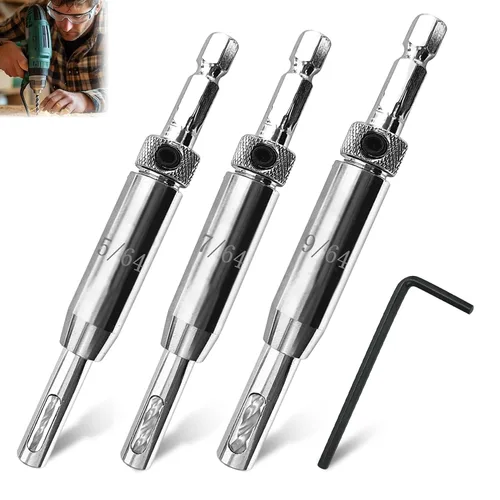 Miniatura 7 de Juego de brocas de taladro autocentrantes mejoradas para bisagras, CC2430 3/32", 7/64", 1/8" broca central VIX para taladro con vástago hexagonal