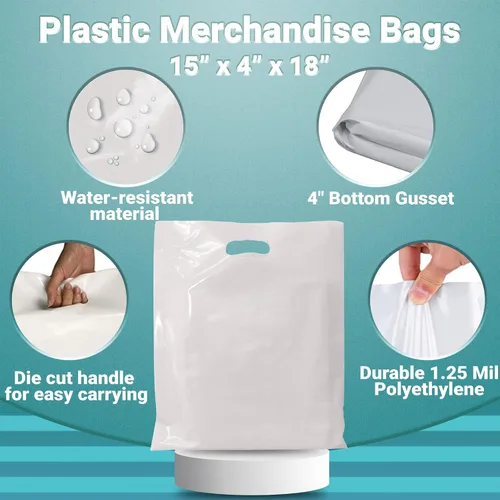 Miniatura 4 de APQ - Paquete de 500 bolsas de compras blancas con mango troquelado de 15 x 18 x 4 pulgadas de grosor de 1,25 mil. Bolsas de polietileno de baja