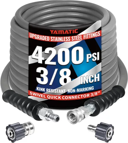 YAMATIC Manguera de lavado a presión de 3/8 pulgadas, 50 pies, 4200 PSI, acero inoxidable 304 giratorio de conexión rápida con adaptadores M22,