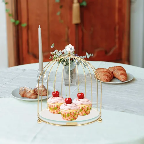 Miniatura 5 de BESTonZON Jaula de pájaros de metal dorado, soporte para cupcakes, postres para bodas, fiestas, cumpleaños, celebraciones de ducha, decoración