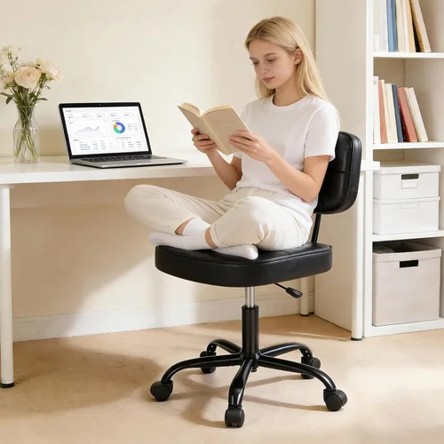 Miniatura 9 de DUMOS Silla de escritorio de oficina en casa, silla ergonómica de piel sintética sin brazos, con cómodo soporte lumbar y altura ajustable, tocador