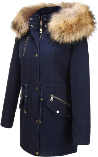 Miniatura 3 de Bellivera Chaqueta tipo parka de sarga para mujer, abrigo largo cálido con capucha y cuello de piel sintética
