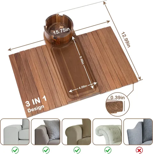 Miniatura 2 de Soporte de taza para sofá para reposabrazos de más de 4.9 pulgadas de ancho, bandeja de brazo de sofá de madera de acacia con soporte de taza