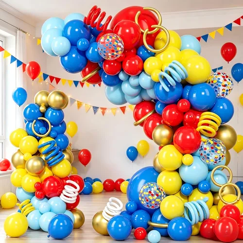 PERPAOL 150 guirnaldas de globos rojos, amarillos y azules, globos de látex metálicos mixtos de confeti para cumpleaños, ducha, carnaval, circo,