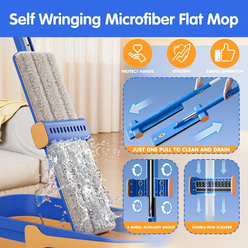 Miniatura 2 de Juego de trapeador plano autoescurrido de 16.5 pulgadas y cubeta plegable – Trapeador de microfibra húmedo y seco manos libres con escobilla
