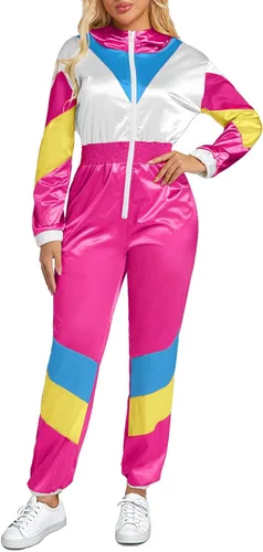 Miniatura 9 de Yisfri Traje retro de una pieza con bloques de color para mujer, traje retro de los años 80 con cintura elástica con capucha