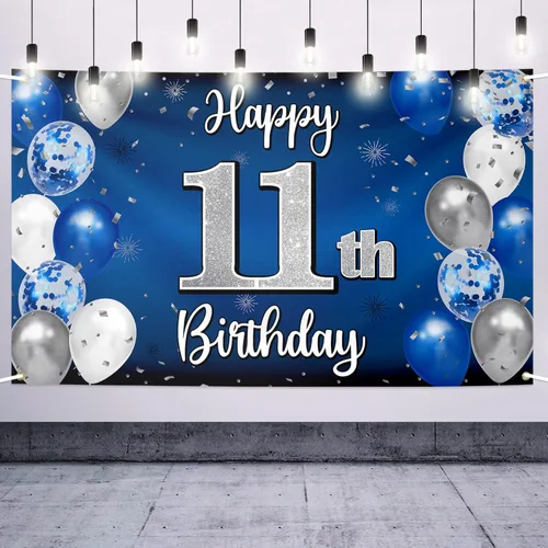 Decoraciones de Feliz 11º Cumpleaños, Globo Azul y Plateado Grande Pancarta de Fondo de Cumpleaños, Brindemos por Once Años Suministros de Fiesta de