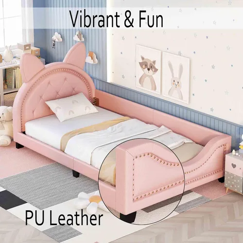 Miniatura 4 de Sofá cama con cabecero, cámaras en forma de conejo, base de cama de madera con plataforma individual para niñas y niños, bonito sofá cama tapizado