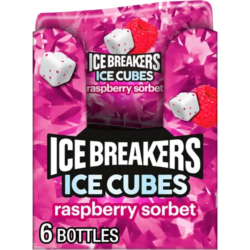 ICE BREAKERS Ice Cubes - Botellas de goma de mascar sin azúcar con sabor a sorbete de frambuesa, 3.24 onzas (6 unidades, 40 piezas)
