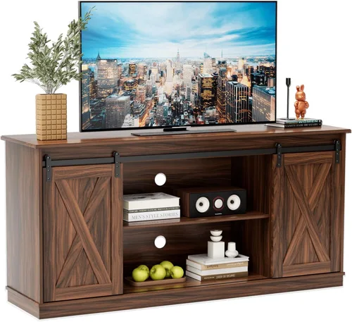 Sweetcrispy Soporte de TV de granja de 65 pulgadas para sala de estar, dormitorio, centro de entretenimiento alto con estantes de almacenamiento,