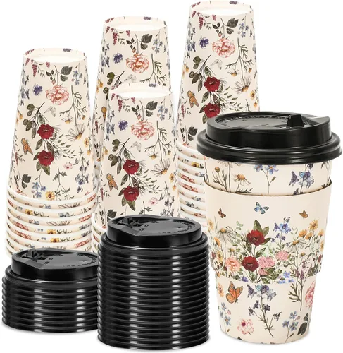 Miniatura 8 de JarThenaAMCS 50 juegos de tazas de café florales vintage con tapas y fundas de 8 onzas, tazas de papel de flores silvestres, desechables