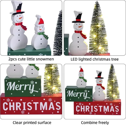 Miniatura 5 de Decoración de Navidad Feliz para interiores, letrero de mesa de muñeco de nieve de madera de Navidad, decoración de árbol de Navidad iluminada