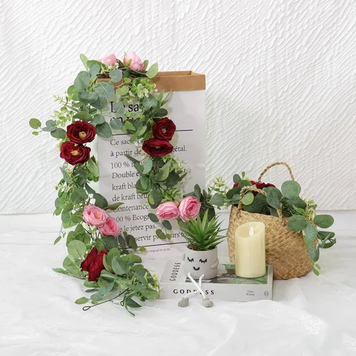 Miniatura 21 de TOCHGREEN Paquete de 2 Guirnaldas de Flores de Eucalipto Artificial de 12 Pies con Rosas Champán, Guirnalda de Flores de Rosa Falsa Verdor
