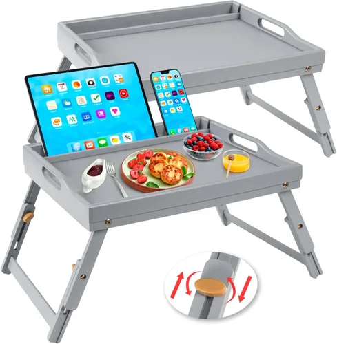 Miniatura 9 de Greenual Paquete de 2 Bandejas de Cama con Asas y Patas Plegables, Bandeja de Bambú para Desayuno con Ranura para Medios, Usar como Bandeja, Blanco