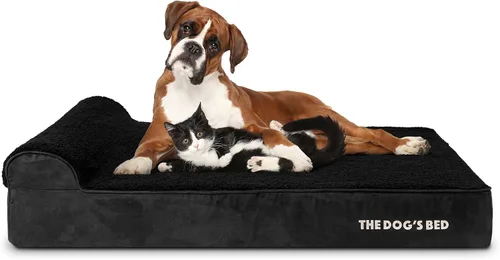 The Dog's Bed - Cama Ortopédica para Perros con Reposacabezas XL Negra de Felpa, Espuma Viscoelástica, Alivio del Dolor para Artritis, Displasia de