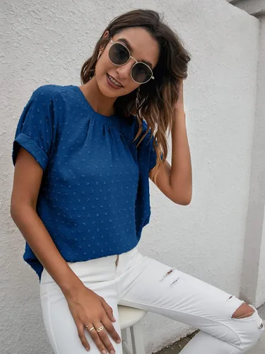 Miniatura 4 de Romwe Blusa casual de trabajo con cuello redondo y manga corta plisada para mujer
