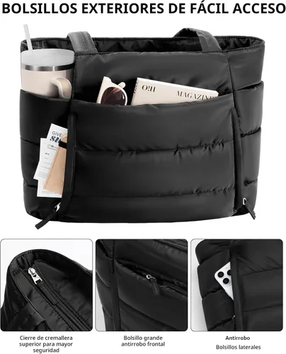 Miniatura 5 de Bolsa Tote Acolchada para Mujeres, Bolsa de Mano de Trabajo Ligera y Esponjosa para Maestras y Enfermeras, Bolsa de Hombro Acolchada para Escuela