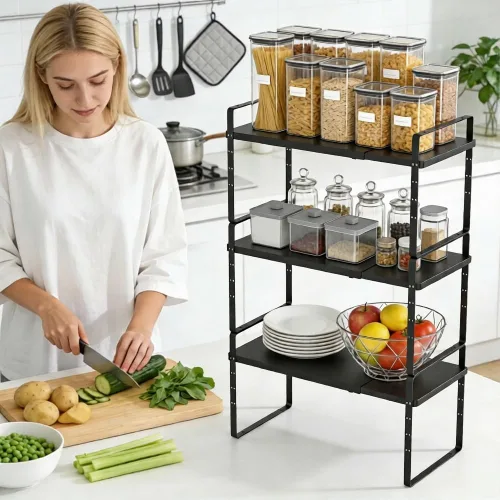 Miniatura 4 de Organizador de estante expandible para gabinete, almacenamiento apilable para mostrador de despensa de cocina, soporte ajustable para armario, Negro