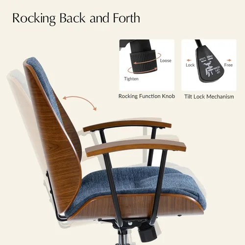 Miniatura 3 de HULALA HOME Silla de oficina de madera maciza con función de balanceo, silla de escritorio de tela cómoda con base de madera curvada y metal, silla
