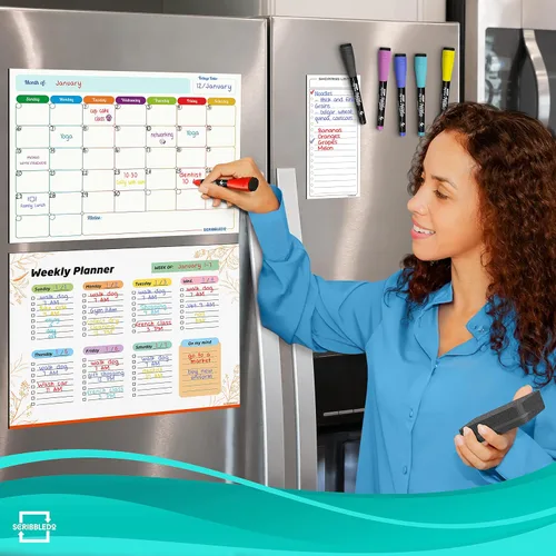 Miniatura 8 de Agenda mensual (paquete de 3) pizarra blanca magnética para refrigerador, calendario semanal de borrado en seco, calendario magnético