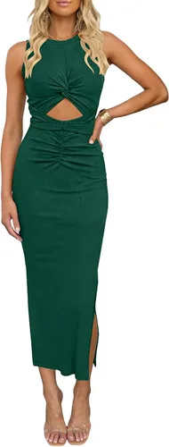 Miniatura 11 de oten Vestido largo sexy para mujer, fruncido, sin mangas, con nudo y abertura, acanalado, para fiesta, club, salida nocturna