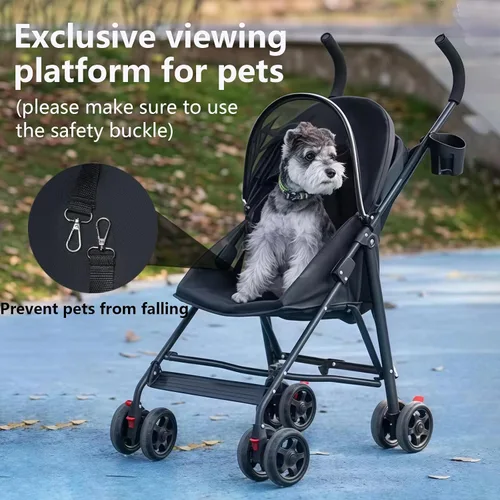 Miniatura 6 de Cochecito para mascotas con ventilación de malla, diseño plegable ligero, portavasos, negro