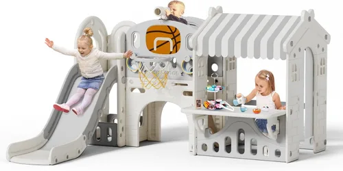 BIERUM Tobogán 10 en 1 para niños pequeños con aro de baloncesto, tobogán interior para niños pequeños de 1 a 3 años con casa de juegos para niños,