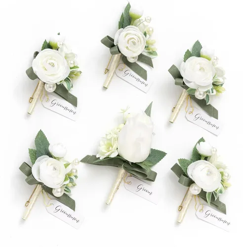 Miniatura 35 de Ling's Moment Boutonniere para Hombres Boda, Juego de 6, Novio y Padrinos Boutonniere para Boda Regreso a Casa Halloween Ceremonia Aniversario, Cena