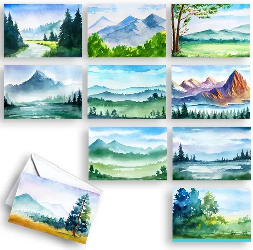 Wright Home & Gift Tarjetas de felicitación en acuarela con paisajes para cualquier ocasión, con espacio en blanco para notas | Juego de surtido a