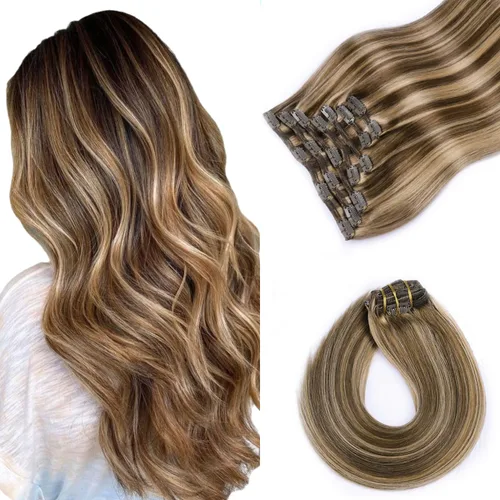 Miniatura 27 de VINBAO Extensiones de cabello humano con clip, balayage, color marrón ceniza a rubio caramelo, 14 pulgadas, 6 unidades, 3.53 onzas, 6