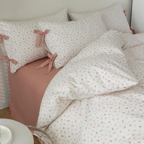 Miniatura 32 de MKXI Juego de ropa de cama con diseño de corbata de moño linda y rayas de flores rosas, tamaño individual, de algodón - Funda de edredón