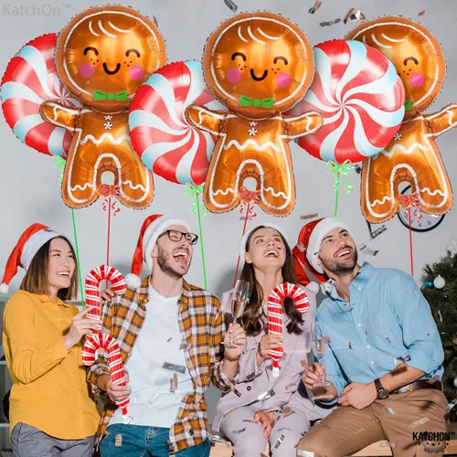 Miniatura 5 de KatchOn, Globos de jengibre y bastón de caramelo, 32 pulgadas, paquete de 9, globos de Navidad para decoraciones navideñas de pan de jengibre
