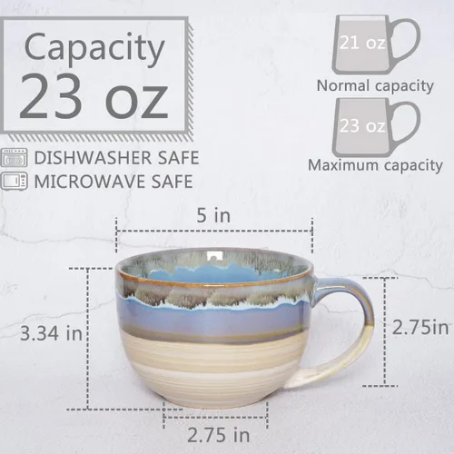 Miniatura 2 de Bosmarlin Juego de 2 tazas de café jumbo de cerámica, 23 onzas, tazones de sopa grandes con asas, aptos para lavavajillas y microondas (azul)