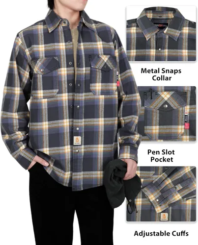 Miniatura 4 de BOCOMAL Camisas con capucha FR, camisas de franela a cuadros, con botones, resistentes al fuego, camisas de franela resistentes a la llama, chaqueta