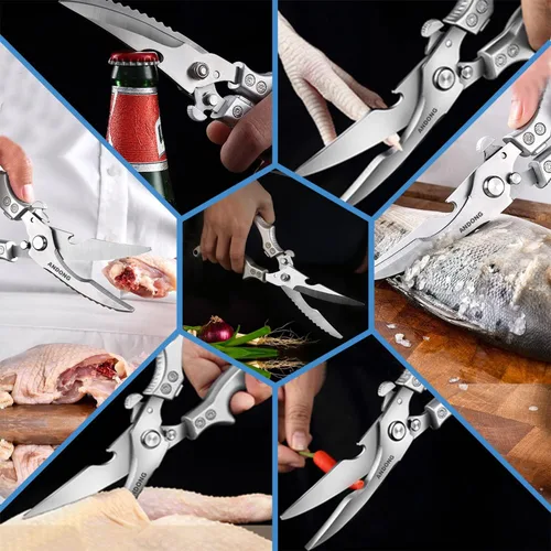Miniatura 6 de ANDONG Tijeras de cocina resistentes profesionales para aves de corral - Tijeras de cocina y carne de acero inoxidable con funda de cuero, tijeras