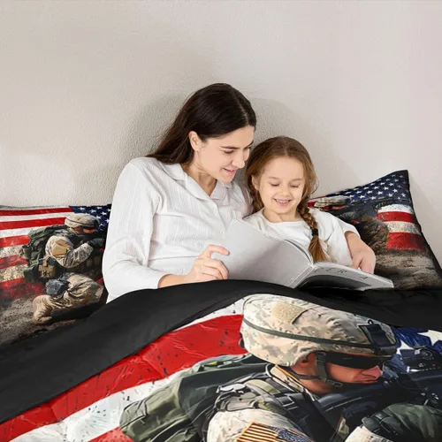 Miniatura 6 de Juego de edredón de bandera estadounidense para adultos, adolescentes, niños, soldado de camuflaje, edredón de plumón para niños y hombres, bandera