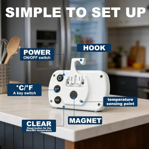 Miniatura 3 de Termómetro de refrigerador resistente al agua, termómetro digital para congelador, función de registro Max/Min, pantalla LCD grande y parte trasera