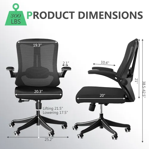 Miniatura 2 de Silla ergonómica de malla para computadora de oficina de 300 libras, silla de escritorio con ruedas de altura ajustable con reposabrazos abatibles
