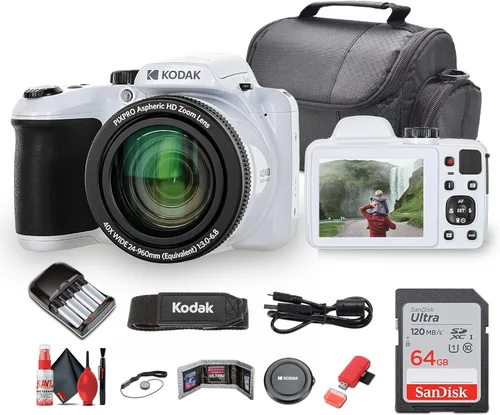 Kodak Pixpro AZ405 Cámara digital (AZ405WH) El paquete incluye: tarjeta de memoria de 64 GB, baterías recargables, funda, correa para el cuello,