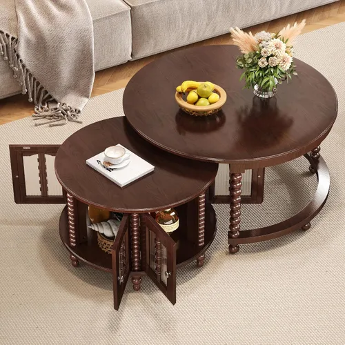 Miniatura 16 de Mesa de café redonda, mesa de café moderna de 31.5" con 2 cajones grandes de almacenamiento, tapa de mesa con patrón de mármol, mesa central