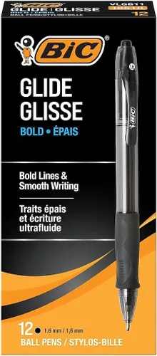 BIC Glide Bold - Bolígrafos negros, punta gruesa (0.063 pulgadas), paquete de 12 unidades, bolígrafos retráctiles con cómodo agarre completo