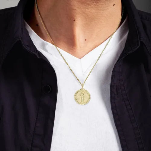 Miniatura 4 de Collar y colgante de oro amarillo macizo de 10 quilates con eslabones cubanos de San Judas con marco redondo