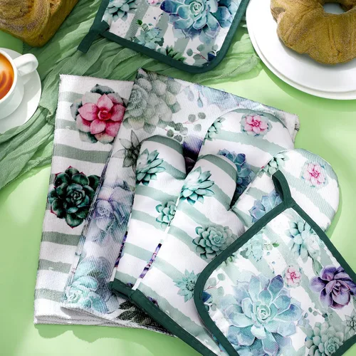 Miniatura 7 de Bencailor Juego de 6 toallas de cocina suculentas, soportes para ollas y guantes de horno de algodón suave, resistentes al calor, guantes de horno