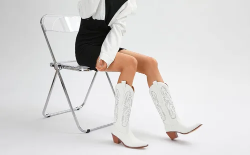 Miniatura 5 de SYHXYHEG Botas vaqueras bordadas para mujer, botas altas hasta la rodilla vaquera, tacón de bloque medio, botines occidentales para mujer