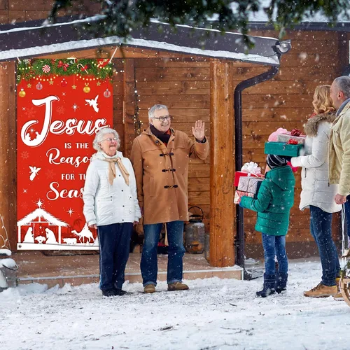 Miniatura 4 de WovWeave Decoración navideña para puerta religiosa al aire libre, Jesús es la razón de la temporada, fondo de fotografía de Navidad, pancarta