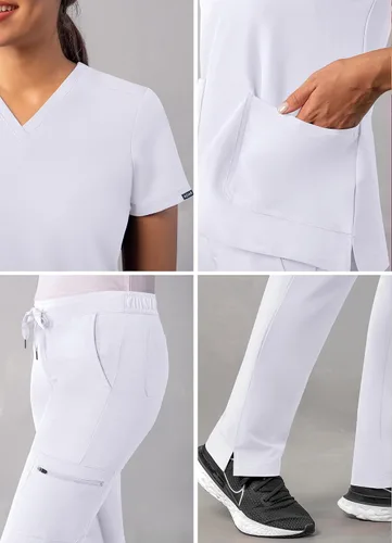 Miniatura 4 de Adar - Uniforme tipo filipina, con camisa de cuello en V y pantalones con bolsillos tipo cargo, para mujer