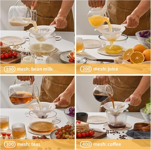 Miniatura 4 de Juego de coladores de malla múltiple premium, paquete de 4 – malla 100/200/300/400, tamiz de malla fina de nailon y plástico para té, café, leche