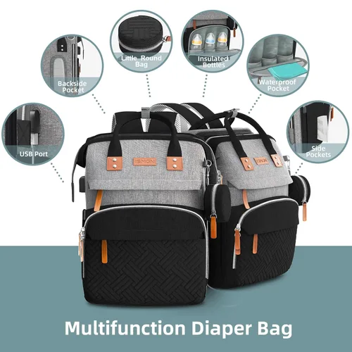 Miniatura 3 de ISMGN Mochila para pañales con estación de cambio, bolsa de pañales multifuncional, capacidad extra grande, bolsa de bebé, gris negro Negro puro
