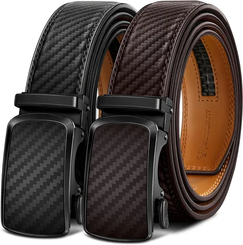 BULLIANT - Paquete de 2 cinturones de cuero con trinquete para hombre, ajustables, corte de 1 3/8 para un ajuste perfecto, regalo para hombre